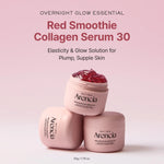 Arencia Red Smoothie Collagen Serum 30 jars stacked on a pink background, highlighting the "Overnight Glow Essential.