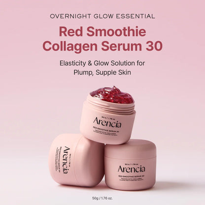 Arencia Red Smoothie Collagen Serum 30 jars stacked on a pink background, highlighting the "Overnight Glow Essential.