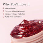 Close-up of the vibrant red jelly texture of the Arencia serum, listing pore-minimizing and plumping benefits.