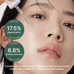 Woman applying arencia holy hyssop serum product with text on pigmentation and wrinkles reduction.
