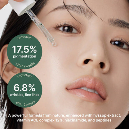 Woman applying arencia holy hyssop serum product with text on pigmentation and wrinkles reduction.