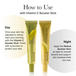 Comparison guide showing Vitamin C for morning use and Retinal Booster for night skin renewa