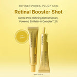 Two tubes of Retinal Booster Shot with a "0.00 Irritation" seal, highlighting its gentle, clinical formula.