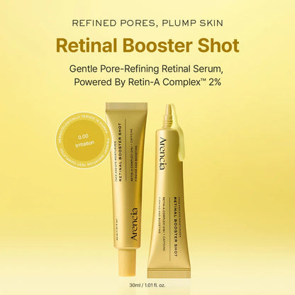 Two tubes of Retinal Booster Shot with a "0.00 Irritation" seal, highlighting its gentle, clinical formula.