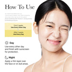 Usage schedule recommending every other day for two weeks, then daily. Mentions sunscreen for day protection