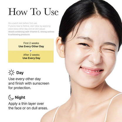 Usage schedule recommending every other day for two weeks, then daily. Mentions sunscreen for day protection