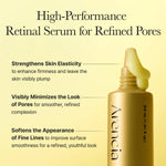 Close-up of yellow serum texture with highlights on pore-minimizing and elasticity-boosting benefits.