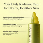 Arencia Vitamin C Booster 30ml with yellow serum drop, reduces hyperpigmentation, improves firmness, fine lines, and pores.