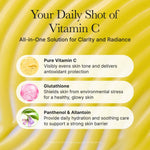 Arencia Vitamin C Booster with icons showing brightening, smoothing, and dark spot reduction on yellow background.