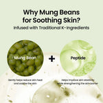Infographic showing Mung Bean and Peptide benefits for soothing skin heat and improving elasticity in skincare.