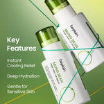 Two bottles of Beplain Mung Bean Pore Serum with text highlighting cooling relief, deep hydration, and sensitive skin care.