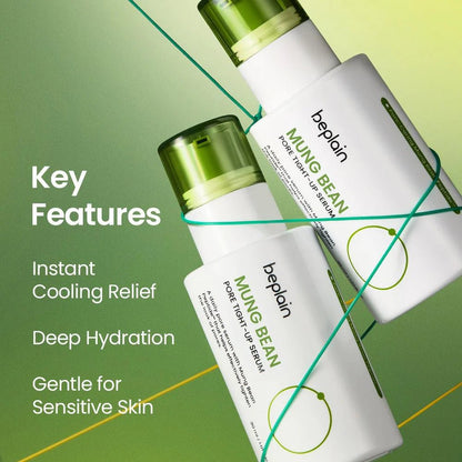 Two bottles of Beplain Mung Bean Pore Serum with text highlighting cooling relief, deep hydration, and sensitive skin care.