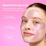 Model wearing Biodance eye patches on under-eyes, forehead, and smile lines to brighten dark spots.