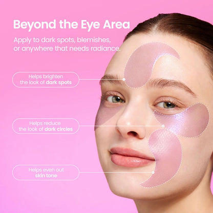 Model wearing Biodance eye patches on under-eyes, forehead, and smile lines to brighten dark spots.