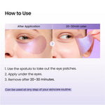 Three-step guide showing how to apply and remove Biodance hydrogel eye patches after 20-30 minutes.