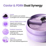 Infographic of Caviar, Salmon PDRN, Probiotic Exosomes, and Caffeine for eye area recovery.