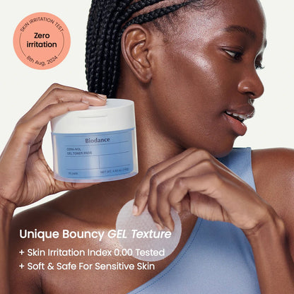Model holding a jar of Biodance Cera-nol Gel Toner Pads featuring a soft and safe formula.
