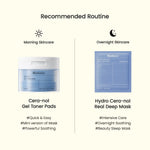 Comparison chart showing Cera-nol Gel Toner Pads for morning and Real Deep Mask for overnight care.