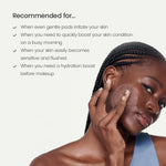 Model applying a transparent Biodance Cera-nol Gel Toner Pad to her cheek for soothing hydration.