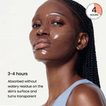 Model wearing a transparent hydrogel mask showing 3-4 hours absorption time.