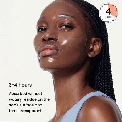 Model wearing a transparent hydrogel mask showing 3-4 hours absorption time.