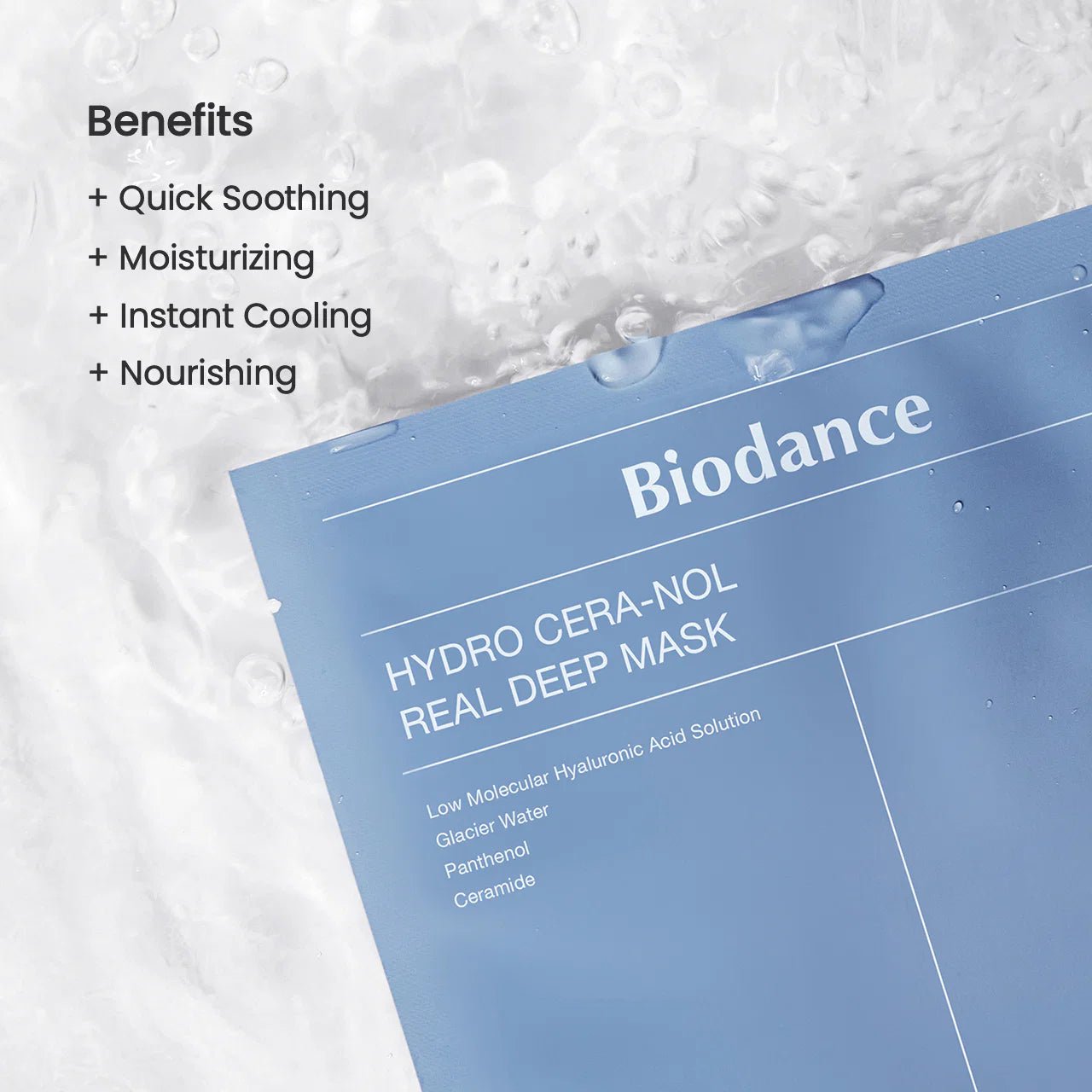 Close up of Biodance Hydro Cera-nol Mask pack with benefits like quick soothing and instant cooling.