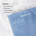 Close up of Biodance Hydro Cera-nol Mask pack with benefits like quick soothing and instant cooling.