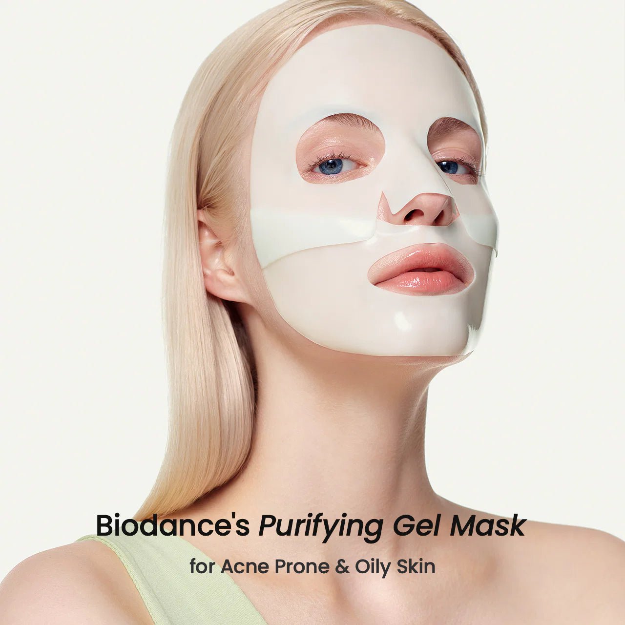 Model wearing the two-piece hydrogel mask for acne-prone and oily skin.