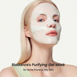 Model wearing the two-piece hydrogel mask for acne-prone and oily skin.