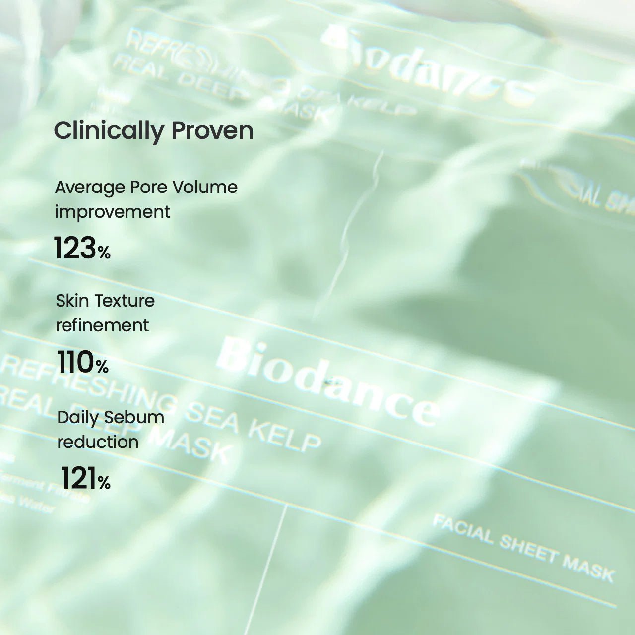 Infographic showing clinical results for pore volume, texture, and sebum reduction.