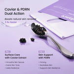 Dual action of Caviar and PDRN on a spoon, illustrating 3.5x faster natural skin renewal and firming.