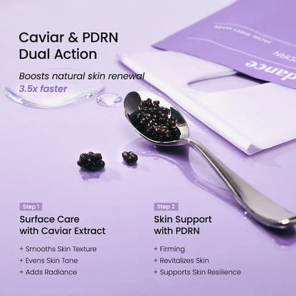 Dual action of Caviar and PDRN on a spoon, illustrating 3.5x faster natural skin renewal and firming.