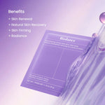 Close-up of purple Biodance mask packaging listing benefits: Skin Renewal, Recovery, Firming, and Radiance.