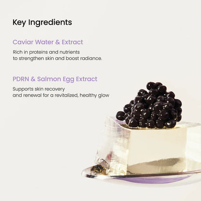 Close-up of Caviar, PDRN, and Salmon Egg Extract ingredients used for skin recovery and healthy radiance.