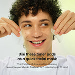 Model applying two Sea Kelp Gel Toner Pads to cheeks as a quick 5-minute facial mask.