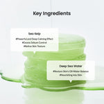 Key ingredients graphic highlighting Sea Kelp for calming and Deep Sea Water for hydration.