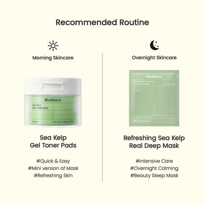 Recommended routine showing toner pads for morning and sea kelp mask for overnight skincare.