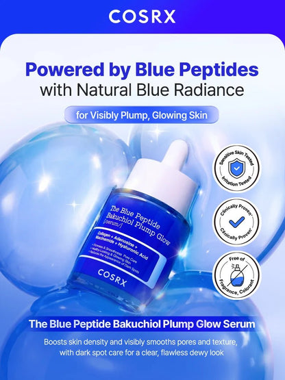 Sheer watery blue serum formula being applied to skin with 100 percent satisfaction badges.