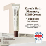 Korea's No.1 Pharmacy PDRN Cream with packaging and certification badge on a white background