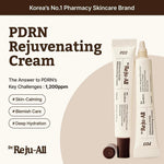 Dr. Reju-All PDRN Rejuvenating Cream with product packaging on a beige background, highlighting deep hydration, blemish care, and soothing benefits.
