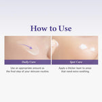 Instructions on how to use a skincare product with two images showing application on skin.