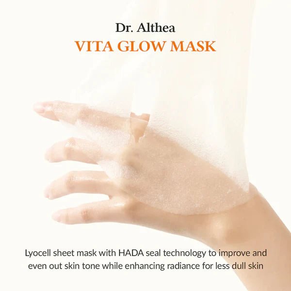 Dr. Althea Vita Glow Mask featuring transparent Lyocell sheet mask material with HADA seal technology for skin radiance.