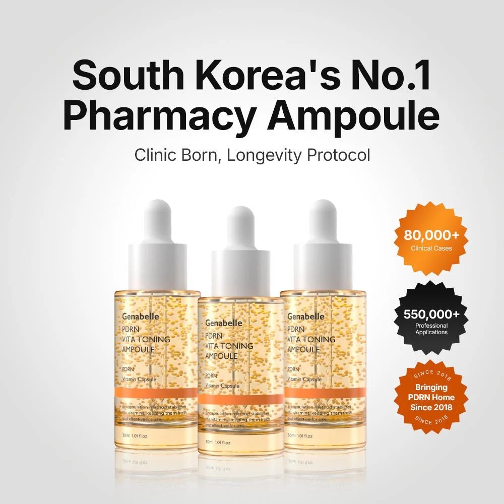 Three bottles of Genabelle PDRN Vita Toning Ampoule highlighting South Korea's pharmacy sales.