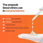 Genabelle ampoule dropper on a gloved hand detailing 5000ppm Salmon DNA and 10000ppm Vitamin Capsules.