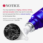 Warning notice explaining natural tingling, redness, and heat sensations after using Exosome Shot ampoule.