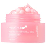 Medicube PDRN Pink Collagen Capsule Cream jar showing pink gel and spheres.