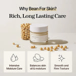 mixsoon Bean Cream jar surrounded by soybeans with icons for moisture care and skin balancing.
