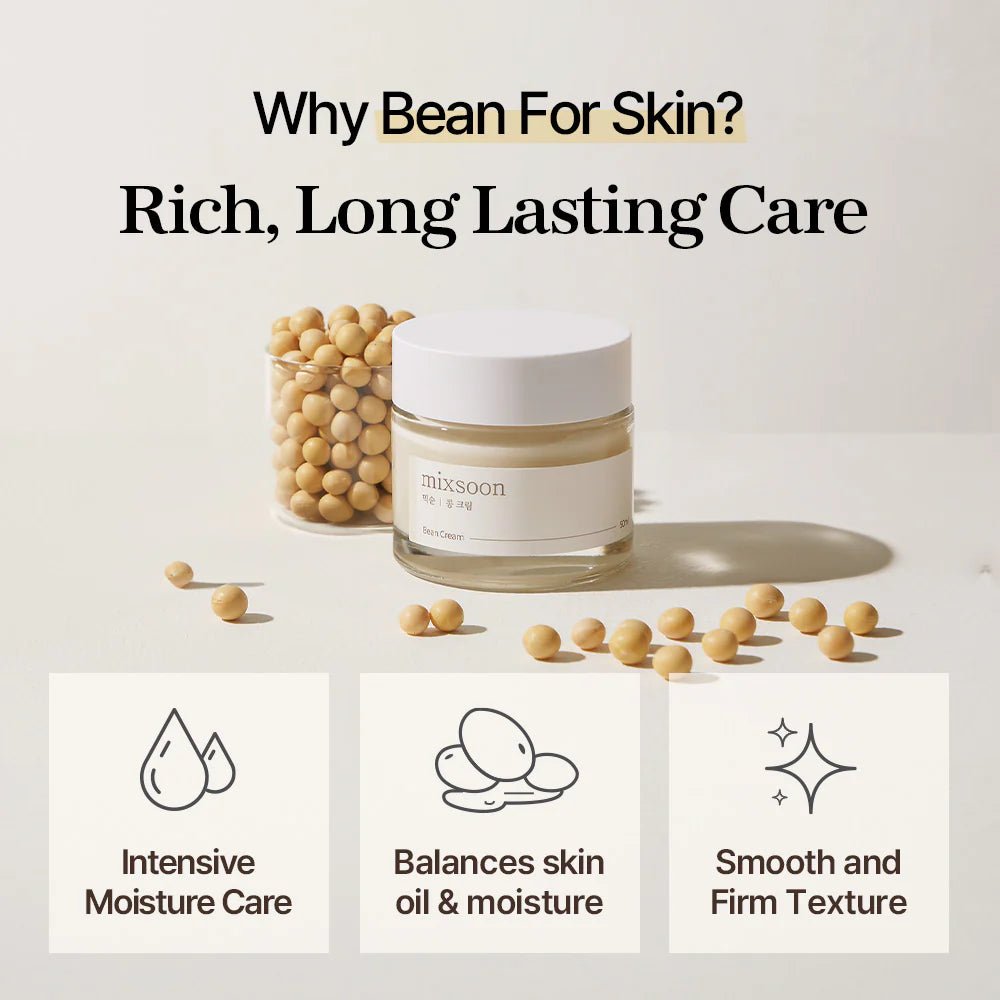 mixsoon Bean Cream jar surrounded by soybeans with icons for moisture care and skin balancing.