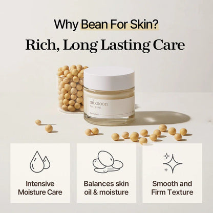 mixsoon Bean Cream jar surrounded by soybeans with icons for moisture care and skin balancing.