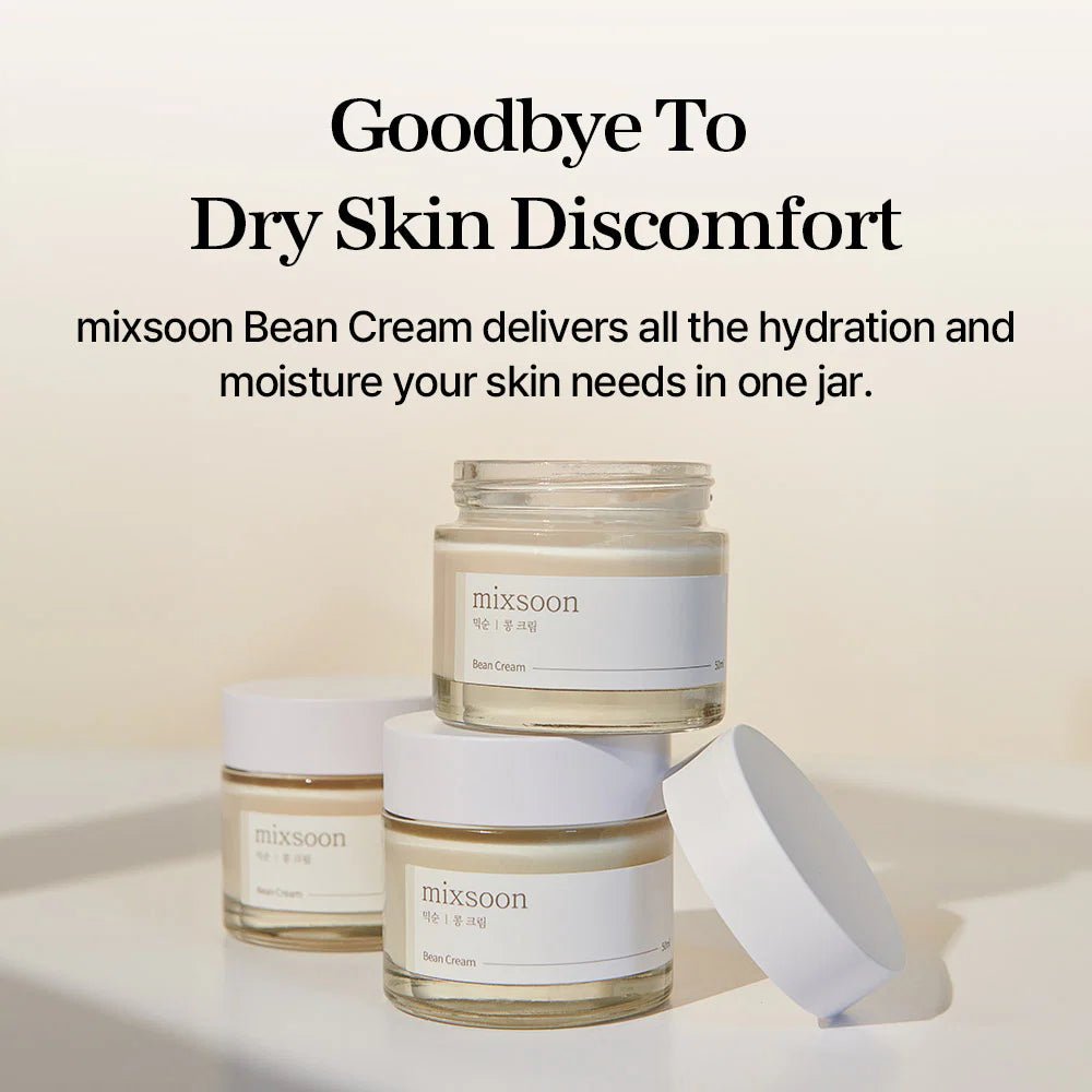 Three jars of mixsoon Bean Cream stacked together with text saying "Goodbye to dry skin discomfort."